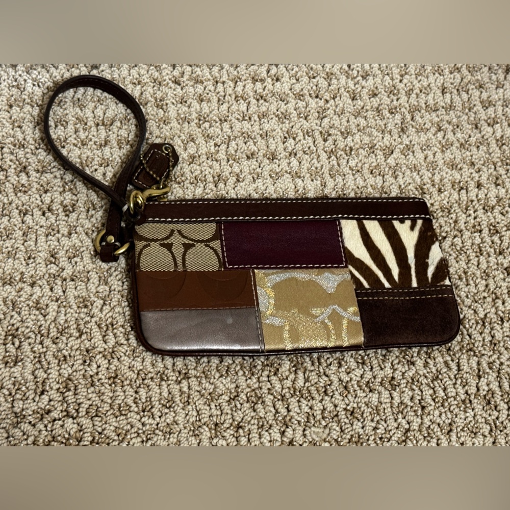Coach Patchwork Wristlet in Brown, Tan, Cream, Burgundy